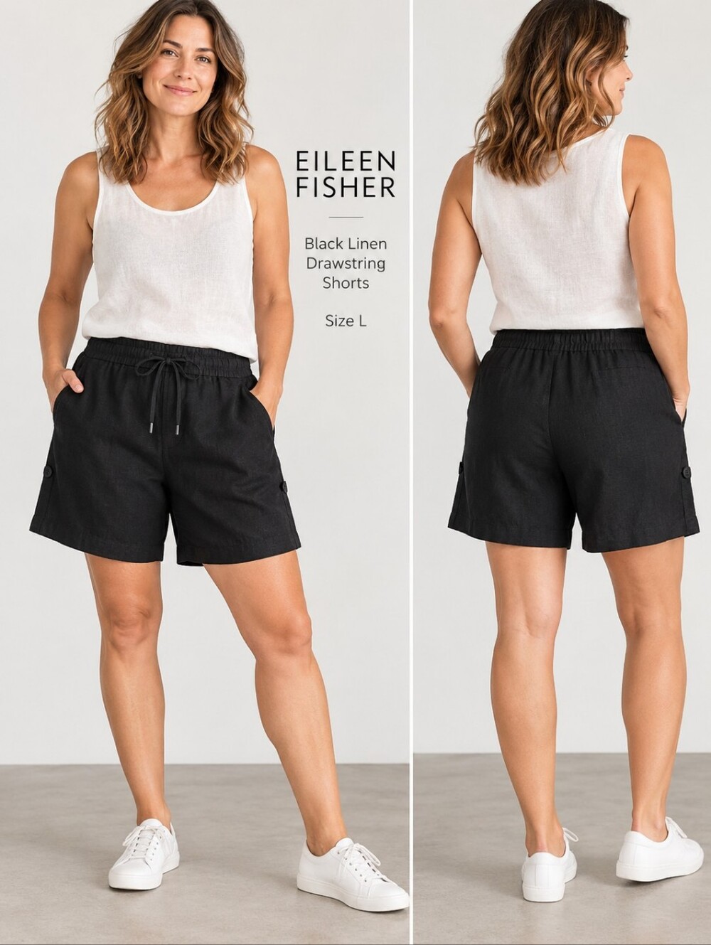 Ellen Fisher Black Linen Drawstring Shorts Sz L NWT
